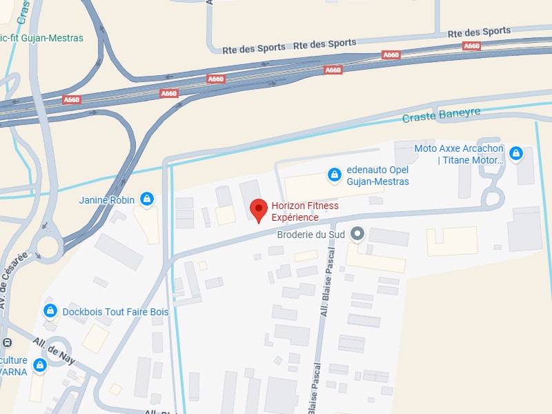 Carte localisant Horizon Fitness Expérience à Gujan-Mestras, près de l'A660, Janine Robin, edenauto Opel et Broderie du Sud.