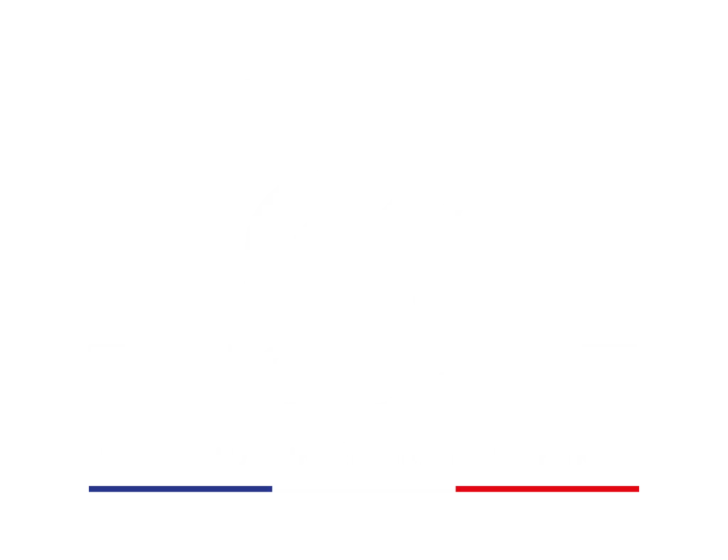 Logo blanc et noir RESOFIT, réseau de votre nom en fitness, avec un symbole abstrait de 'R' et les couleurs bleu-blanc-rouge en bas.