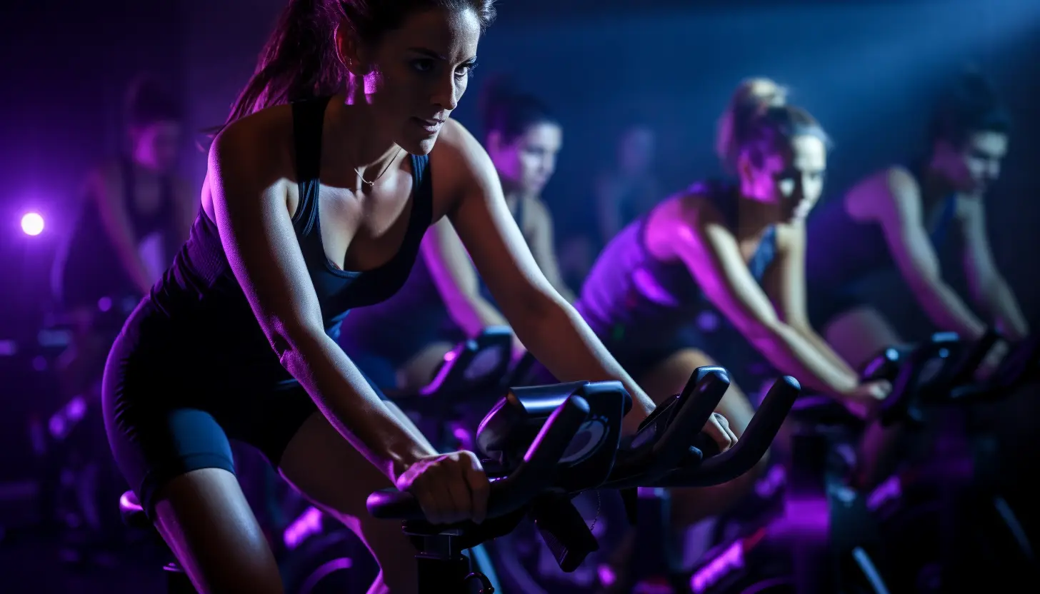 Femme concentrée faisant du vélo d'intérieur (spinning) dans une salle sombre illuminée par des lumières violettes et bleues, avec d'autres participants flous.