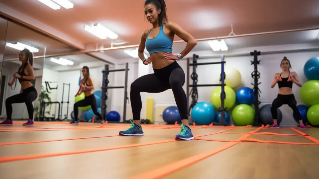 Entraînement de squats pour femmes en salle de sport Groupe de femmes musclées faisant des squats en tenue de sport dans une salle de fitness avec des ballons de gym et un miroir.