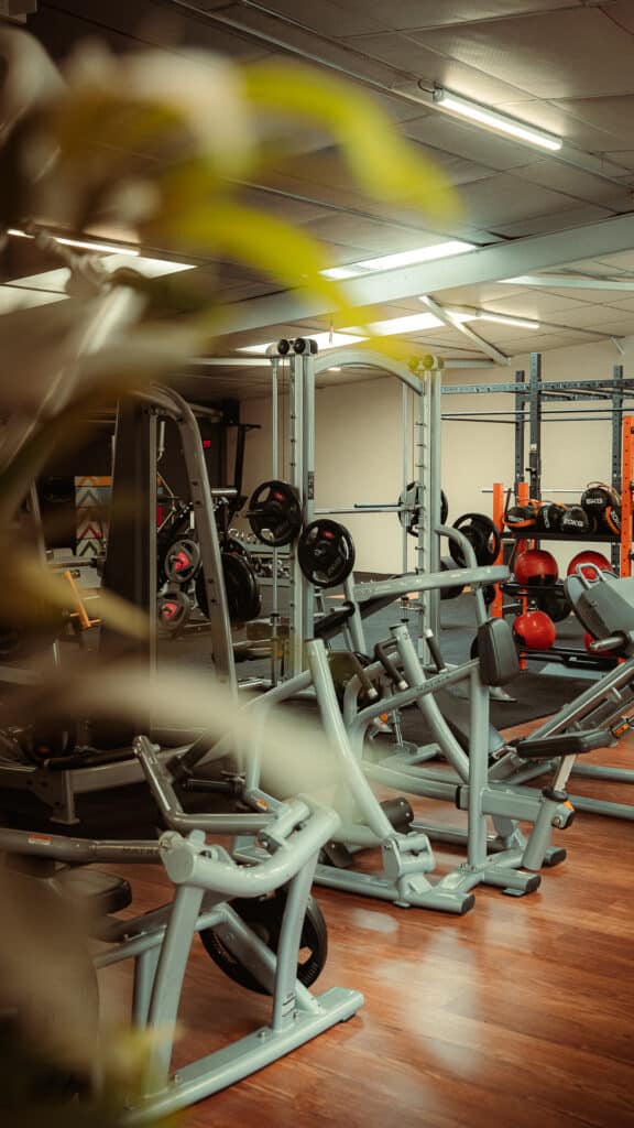 Salle de sport professionnelle : machines de musculation. Équipement de musculation Matrix et rack de poids Jordan dans une salle de sport moderne bien éclairée, sol en bois, effet bokeh en premier plan.