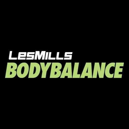 Les Mills Bodybalance : logo officiel programme fitness. Logo Les Mills Bodybalance, programme de fitness. Texte en majuscules blanc stylisé et vert anis sur fond noir.